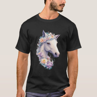 Camiseta Retrato de Cavalo Branco Com Flores, Horsebac