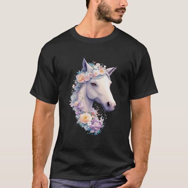 Camiseta Retrato de Cavalo Branco Com Flores, Horsebac (Frente)