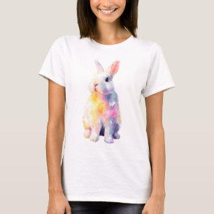 Camiseta Retrato de Coelho Arco-Íris em Aquarela para Mulhe