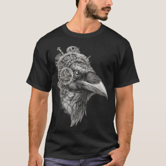 Camiseta Retrato de Corvo Mecânico — Steampunk em Caneta e