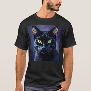 Camiseta Retrato de Gato Negro com Olhos Verdes