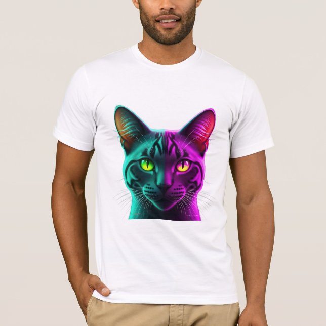 Camiseta Retrato de Gato Synthwave com Tom Dividido em Neon (Frente)