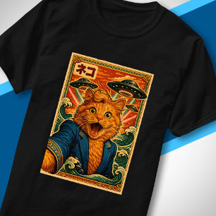 Camiseta Retrato de Gato UFO Japonês Retrô Encontro Alien
