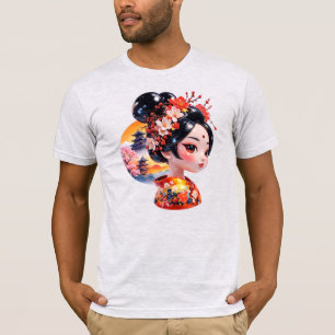 Camiseta Retrato de Geisha Templo Japonês Pôr do Sol Floral