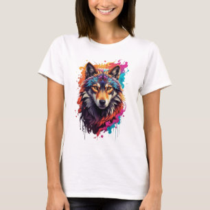 Camiseta Retrato de Lobo Colorido Arte Abstrata de Animal-8