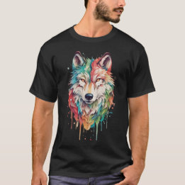 Camiseta Retrato de Lobo Pintado com Grafite Colorido