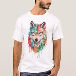 Camiseta Retrato de Lobo Pintado com Grafite Colorido