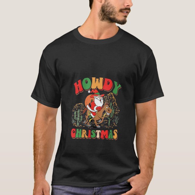 Camiseta Retrato de Natal Cowboy Papai Noel Natal Xmas Howd (Frente)
