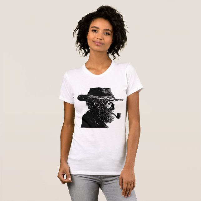 Camiseta Retrato de Ponto e Linha: Velho Sábio Fumando um P (Frente Completa)