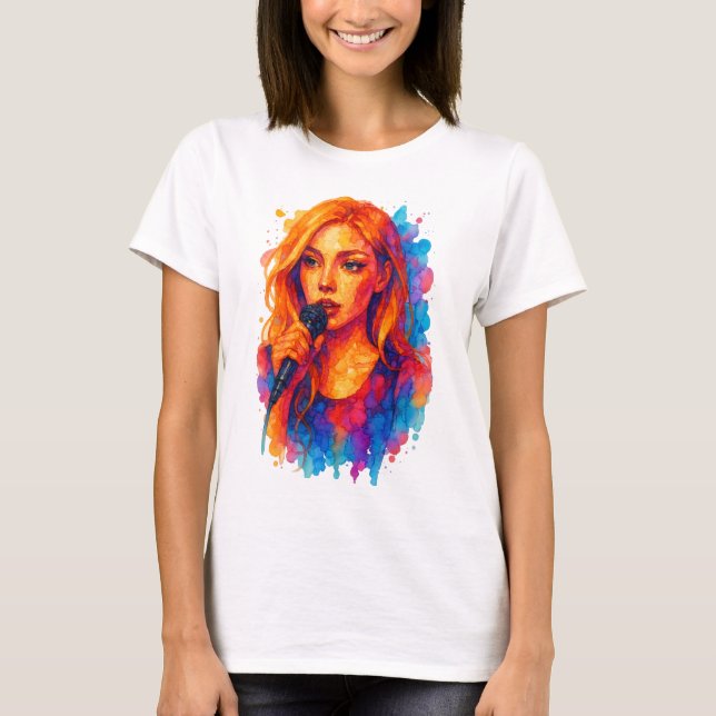 Camiseta Retrato de Tinta Álcool de uma Jovem Cantora (Frente)