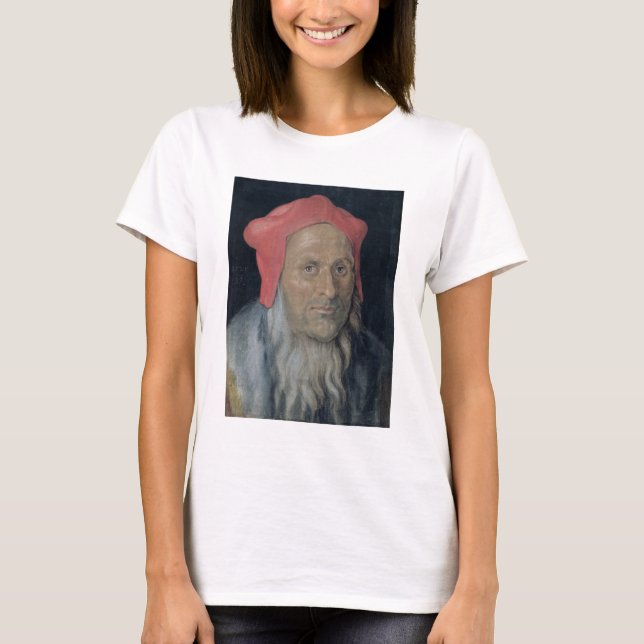 Camiseta Retrato de um homem barbudo em um chapéu vermelho, (Frente)
