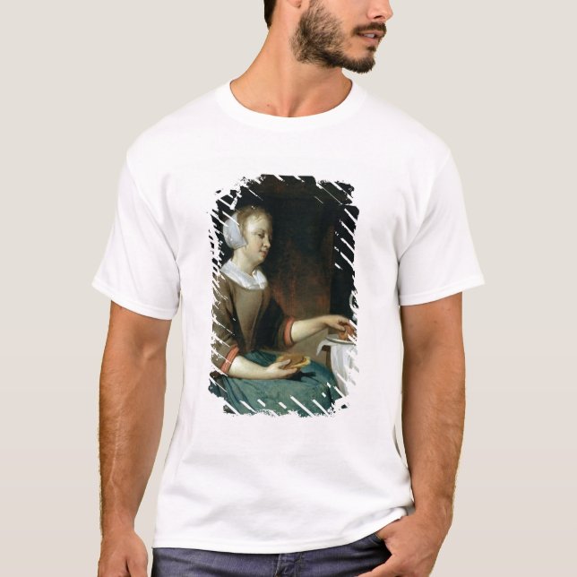 Camiseta Retrato de uma menina assentada em uma mesa (Frente)