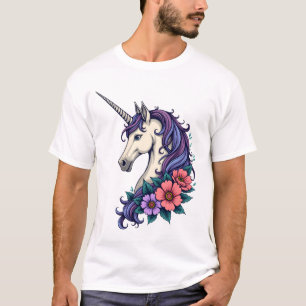 Camiseta Retrato de Unicórnio Floral Vintage Psicodélico Fa
