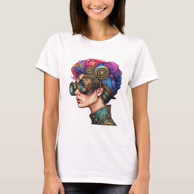 Camiseta Retrato do Cabelo Arco-Íris Steampunk (Frente)