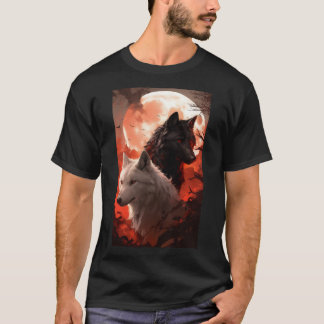 Camiseta Retrato do Lobo Negro e Lobo Branco pela Lua Verme