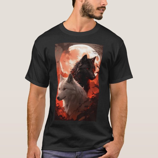 Camiseta Retrato do Lobo Negro e Lobo Branco pela Lua Verme (Frente)
