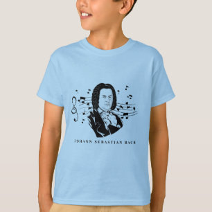 Camiseta Retrato e busto de Johann Sebastian Bach com notas