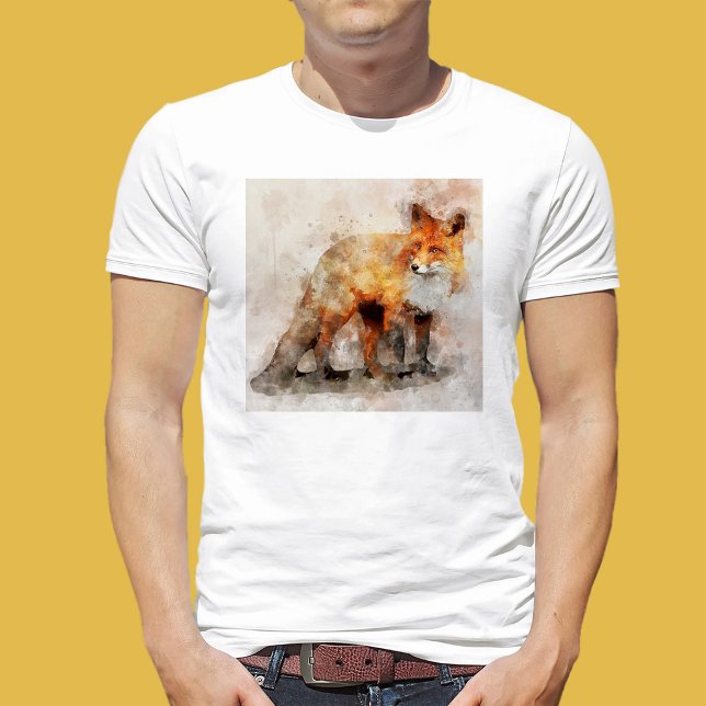 Camiseta Retrato em Aquarela da Raposa Vermelha 04 (Red Fox Watercolor Portrait 04. Men Basic White T-Shirt)