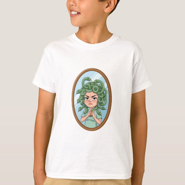 Camiseta Retrato Espelho de Medusa para Crianças (Frente)