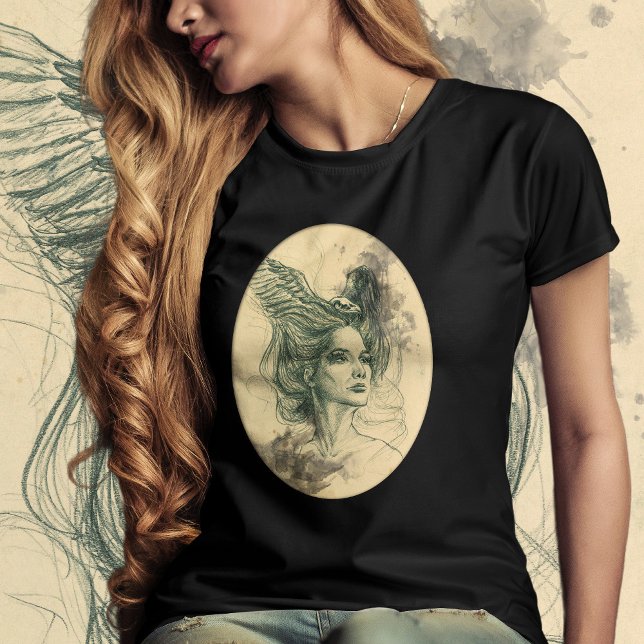 Camiseta Retrato feminino Crânio de aves e Wings Arte surre (Criador carregado)
