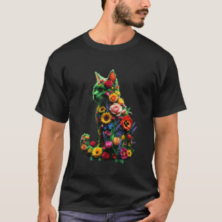 Camiseta Retrato Floral de Gato Gatito Verde Padrões de Flo