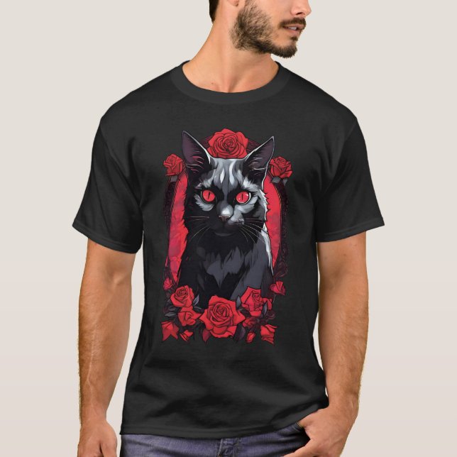 Camiseta Retrato Gótico Animal | Gato Preto (Frente)