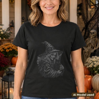 Camiseta Retrato Gótico Vintage de Bruxa e Gato Preto
