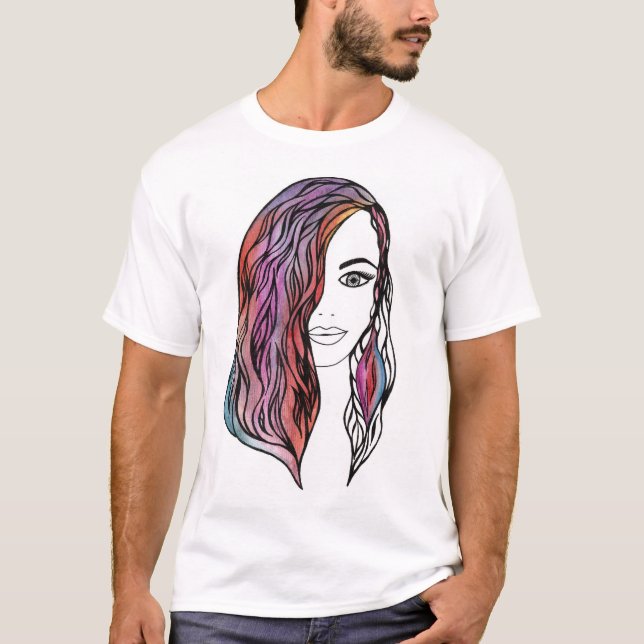Camiseta Retrato Intricado de Menina em Arte de Linha - Fem (Frente)