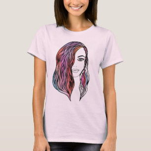 Camiseta Retrato Intricado de Menina em Arte Linear - Femin