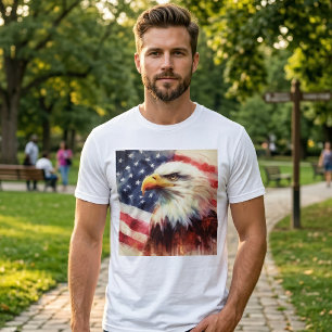 Camiseta Retrato Majestoso de Águia Careca com Bandeira Ame