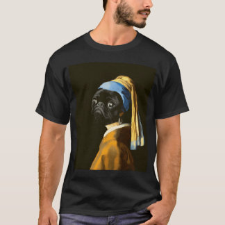 Camiseta Retrato Pug Preto Menina com um brinco de pérola -