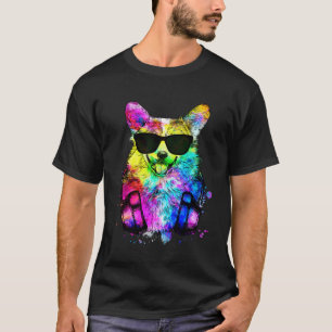 Camiseta Retrato Retro Pop de Corgi com Fones de Ouvido