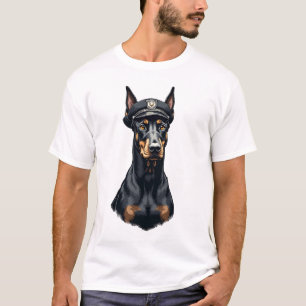 Camiseta Retrato Vintage de Cão Policial Doberman Preto e B