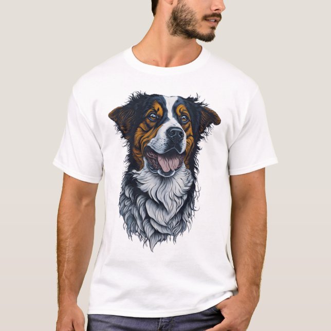 Camiseta Retratos Sofisticados de Cachorros Arte de Cabeça  (Frente)