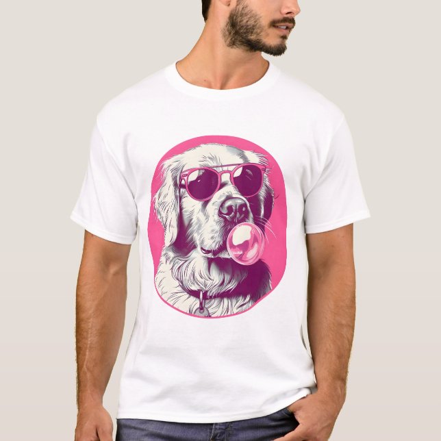 Camiseta Retriever de ouros com óculos de sol chiclete rosa (Frente)