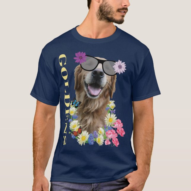 Camiseta Retriever ouro com T-Shirt com óculos de sol flore (Frente)