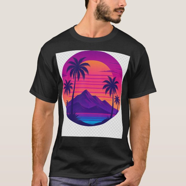 Camiseta Retro 80s Sunset com Palmeiras - Aesth de Ondas Si (Frente)