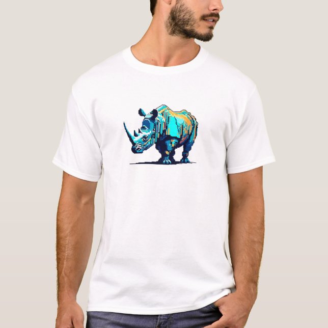 Camiseta Retro 8-Bit Pixel Art Rhinoceros Cyan Orange Gamer (Frente)