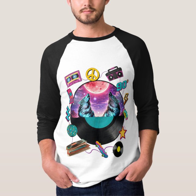 Camiseta Retro 90s Midnight Wolf & Boombox Circular Collage (Frente)