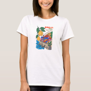 Camiseta Retro Amalfi Itália Arte Mediterrâneo Desenhado à