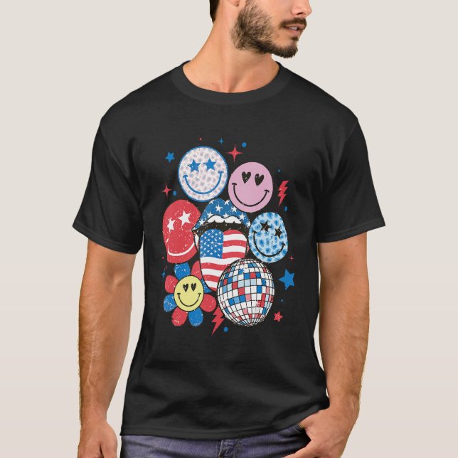 Camiseta Retro America Happy Face American Flag 4th Of July (Frente)