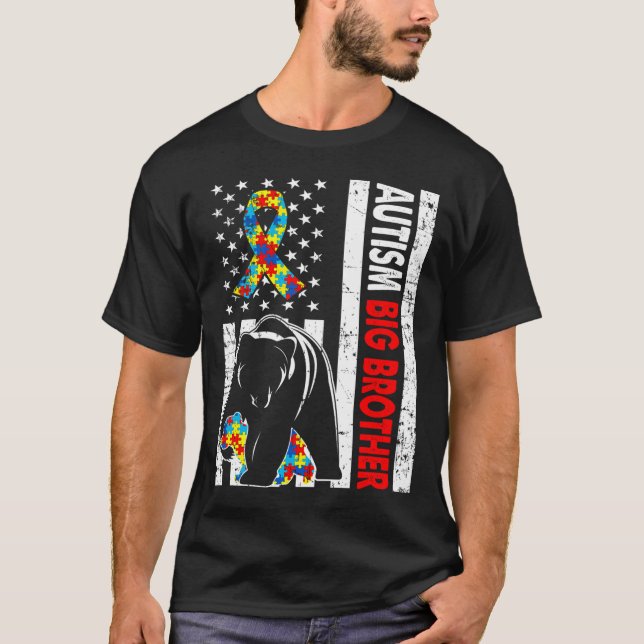 Camiseta Retro-Americano Flag Autism Big Brother Bear Aware (Frente)
