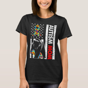 Camiseta Retro-americano Flag Autism Mãe Ursa Famílias de C