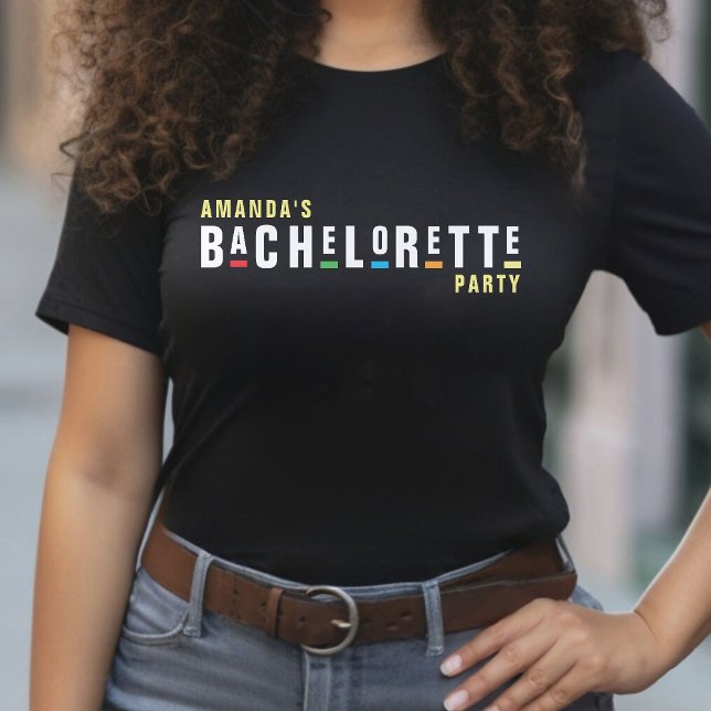 Camiseta Retro Anos 90 Colorido Despedida de Solteira Preto (Retro 90s Colorful Bachelorette Party Black T-Shirt
)