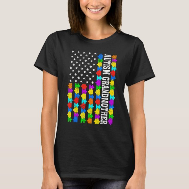 Camiseta Retro Autismo Avó-Mãe Americana Bandeira Amor Auti (Frente)