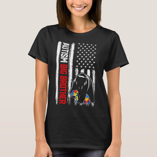Camiseta Retro Autismo Big Brother Bear American Flag Aware (Frente)