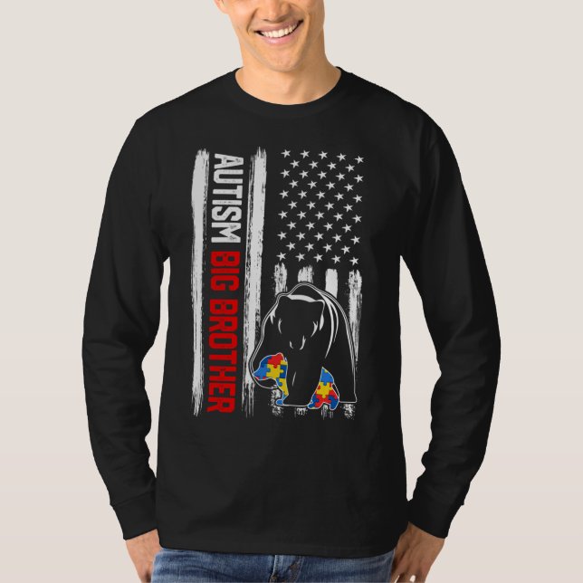 Camiseta Retro Autismo Big Brother Bear American Flag Aware (Frente)