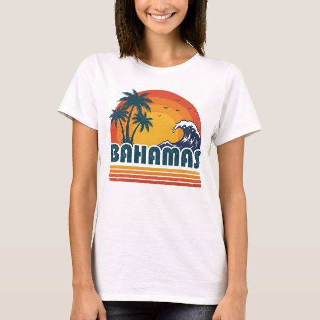 Camiseta Retro Bahamas Beach Summer Sunset 70s Palm Tree (Frente)