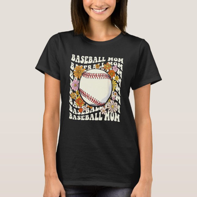 Camiseta Retro Baseball Mom Groovy Floral Women Baseball Fl (Frente)