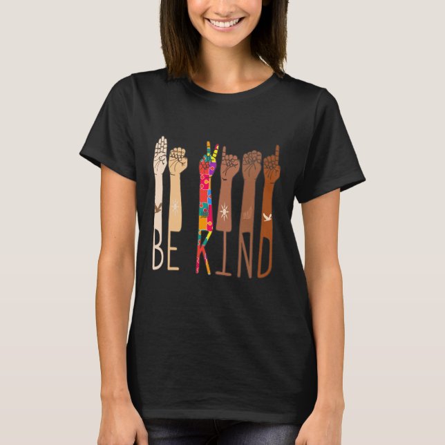 Camiseta Retro Be Kind Sinal Language ASL Quebra-cabeça Aut (Frente)